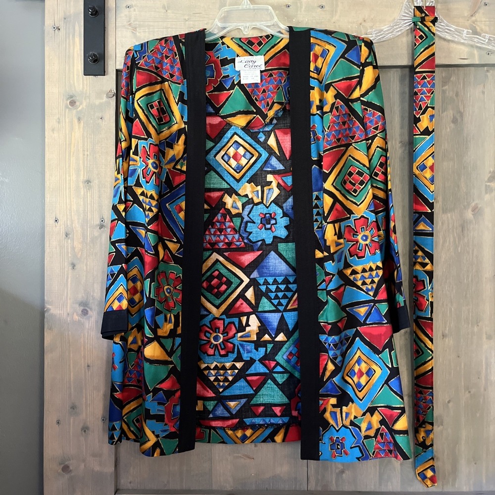 Vintage 80s Lady Carol Of New York Open Cardigan Matching Belt Geometric Size 10